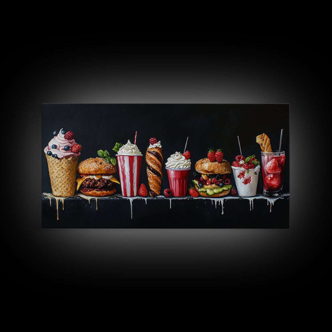 Diner Decor, Restaurant Wall Art, Canvas Print Painting Of Burgers, Desserts and Milk Shakes - 1950s Diner Wall Art