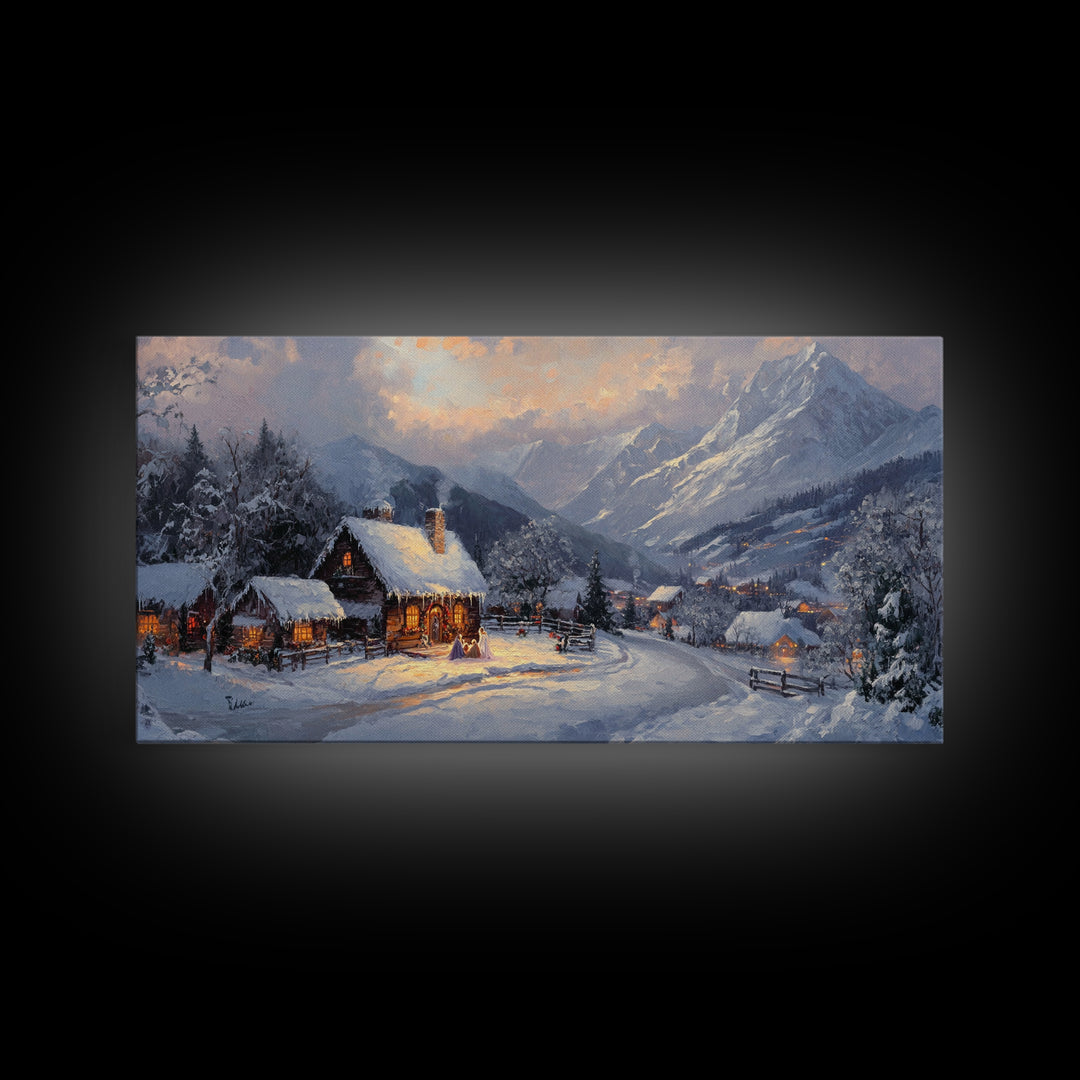 Christmas Mountain Village Oil Painting Print, Framed Canvas, Retro Christmas, Christmas Mountain Landscape Painting, Christmas Art