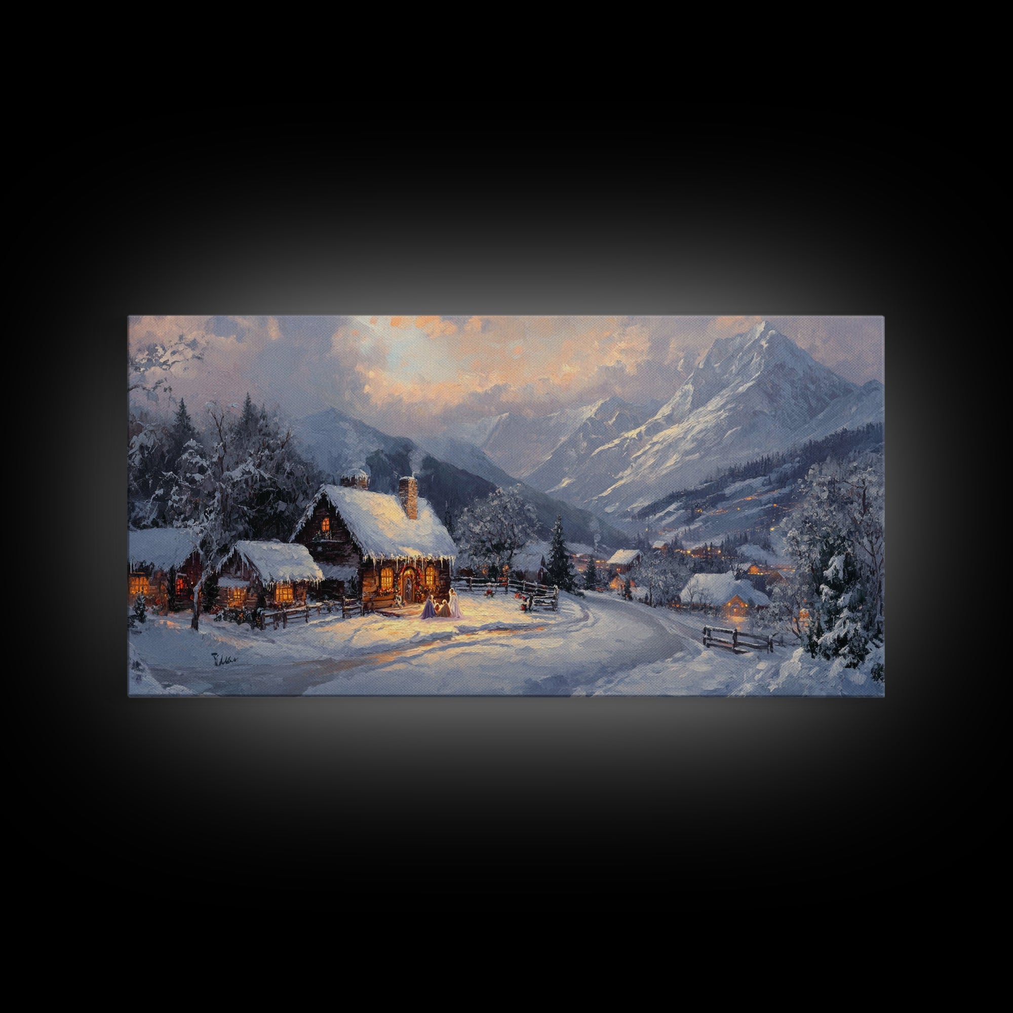 Christmas Mountain Village Oil Painting Print, Framed Canvas, Retro Christmas, Christmas Mountain Landscape Painting, Christmas Art
