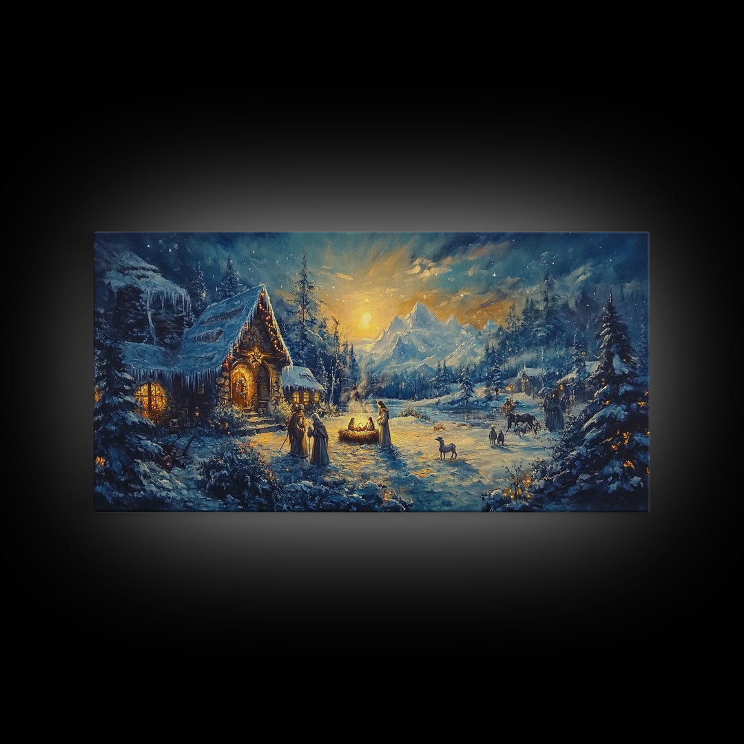 Christmas Nativity Oil Painting Print, Christmas Wall Art, Framed Christmas Canvas Art, Christmas Home Decor, Seasonal Wall Art