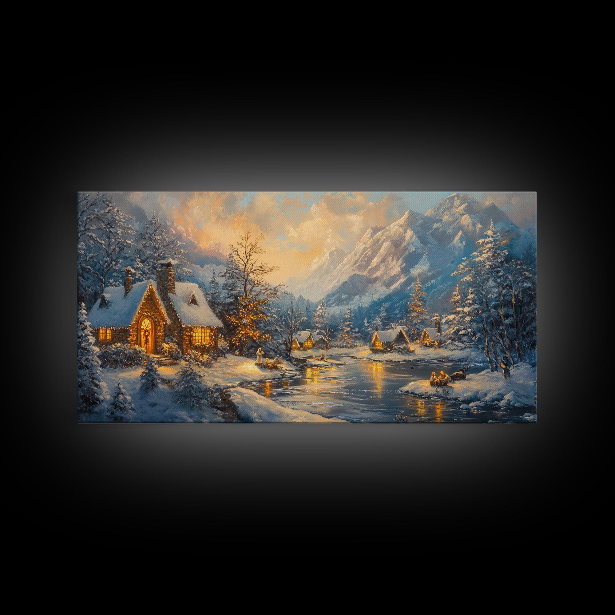 Christmas On The Lake, Christmas Canvas Print, Cabin Decor, Cabin Wall Art, Lake House Wall Art, Christmas home Decor, Christmas Village