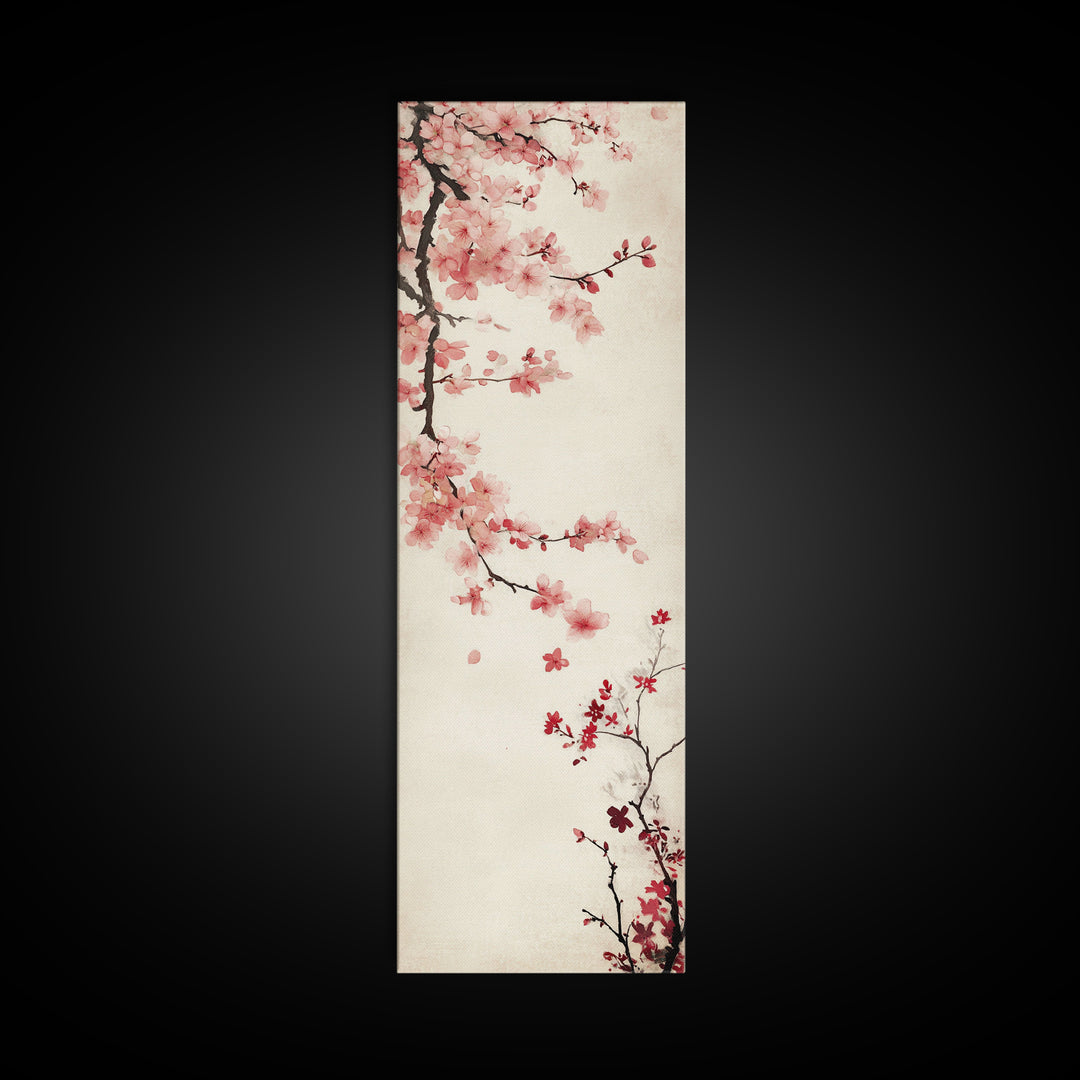 Cherry Blossom Branch Framed Canvas Print Tall Skinny Art Floral Japanese Decor, Cherry Blossom Painting, Minimalist Botanical Wall Art, Above Sofa Art