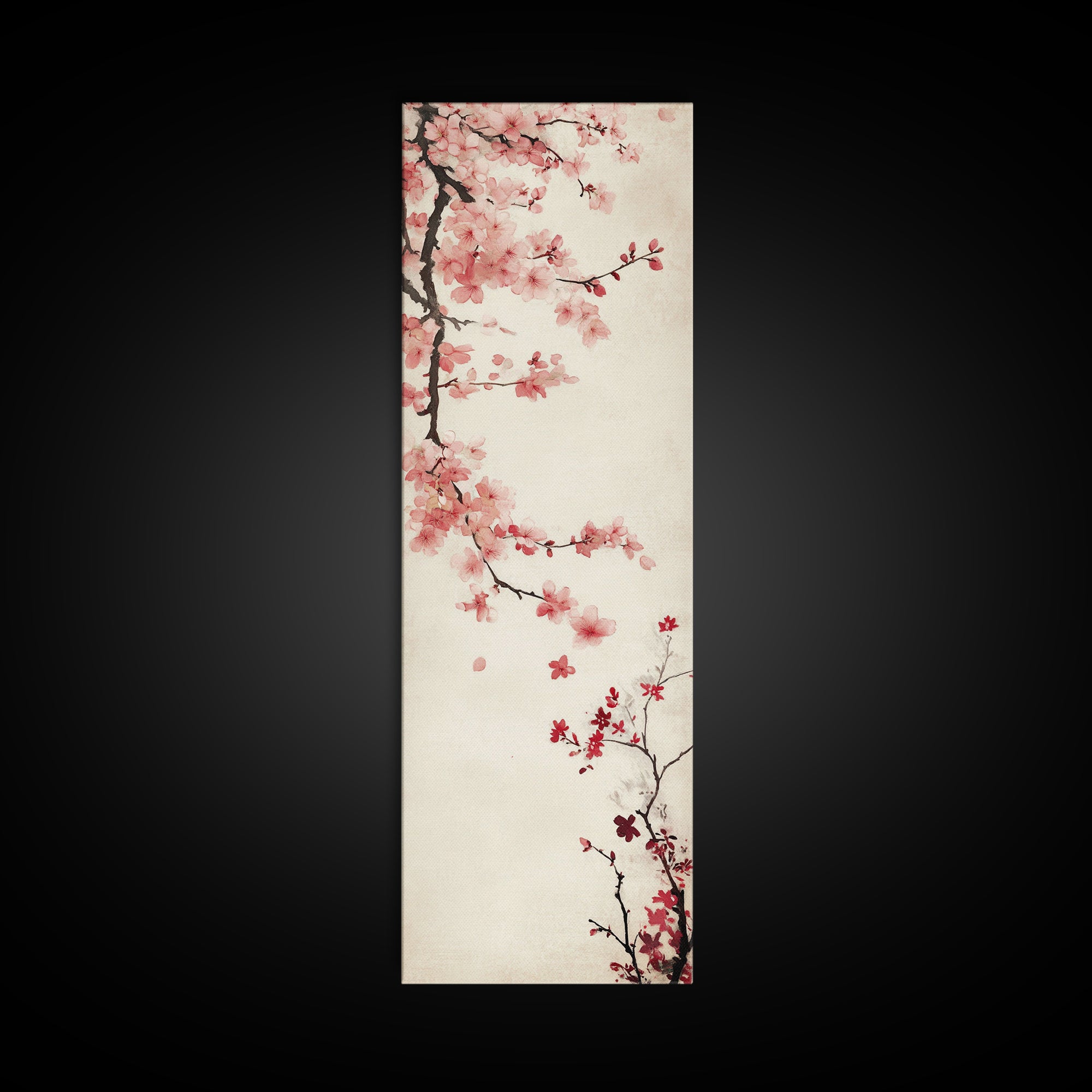 Cherry Blossom Branch Framed Canvas Print Tall Skinny Art Floral Japanese Decor, Cherry Blossom Painting, Minimalist Botanical Wall Art, Above Sofa Art