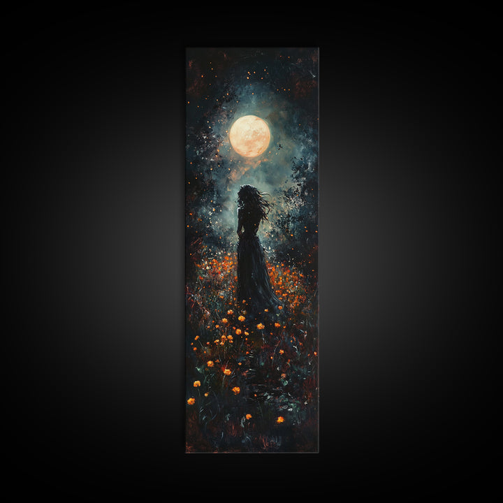 Moonlight silhouette painting mysterious framed canvas print, dark romance art, moonlit field wall decor, spiritual night scene art