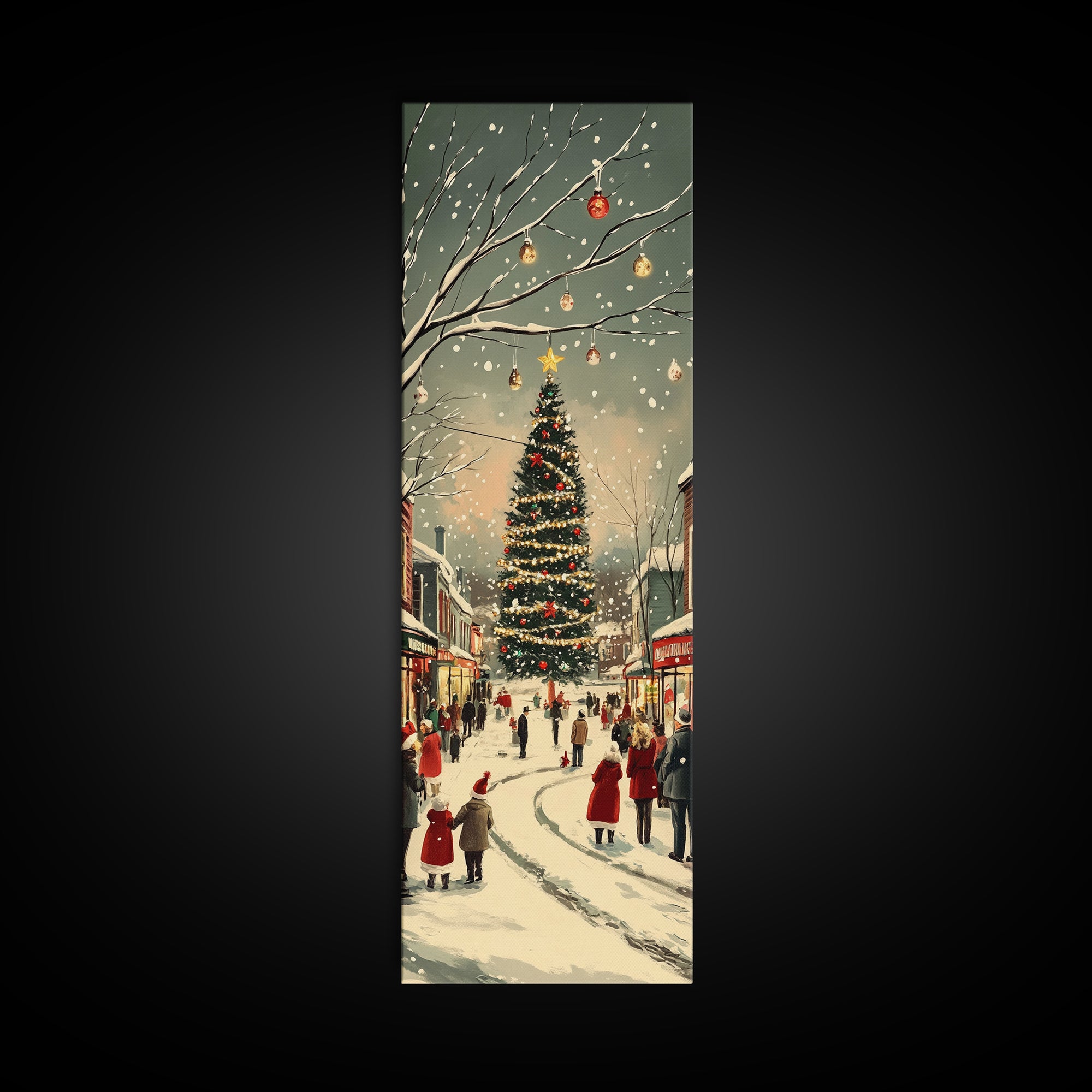 Christmas tree town square painting festive holiday decor framed canvas print, classic winter village, nostalgic seasonal wall art