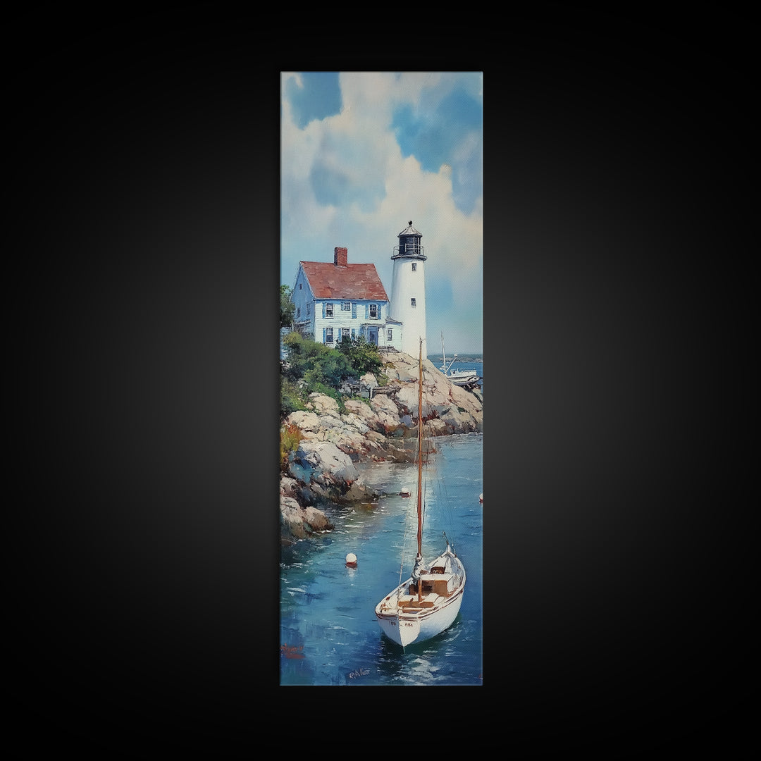 Canvas Print Lighthouse with Sailboat Art Nautical Decor Coastal Wall Art Cottagecore Maine Seascape Wall Art