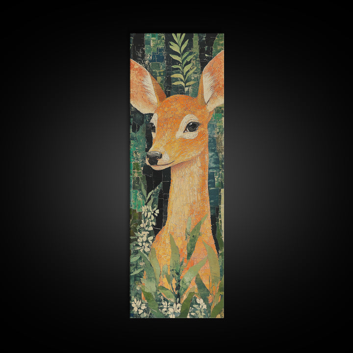 Canvas Print of Gentle Deer in Floral Forest, Boho Art, Whimsical Wall Art, Animal Decor, Tall Narrow Wall Art, Woodland Theme