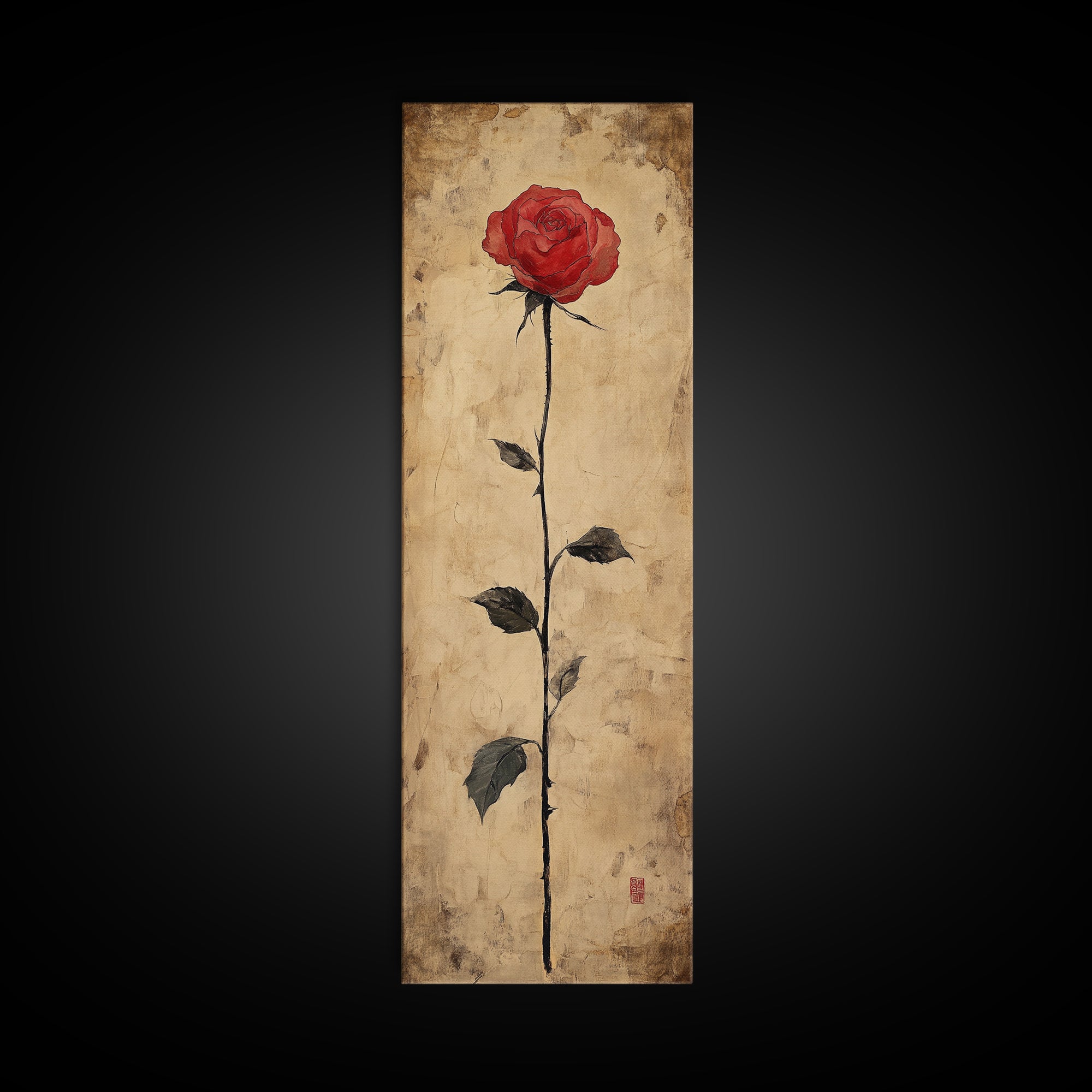 Framed Canvas Print of Elegant Red Rose, Botanical Art, Rustic Wall Art, Gift Idea, Minimalist Nature Art, Above Bed Wall Art