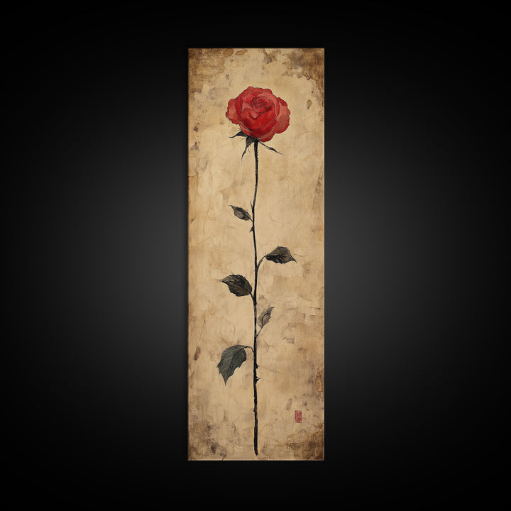 Framed Canvas Print of Elegant Red Rose, Botanical Art, Rustic Wall Art, Gift Idea, Minimalist Nature Art, Above Bed Wall Art