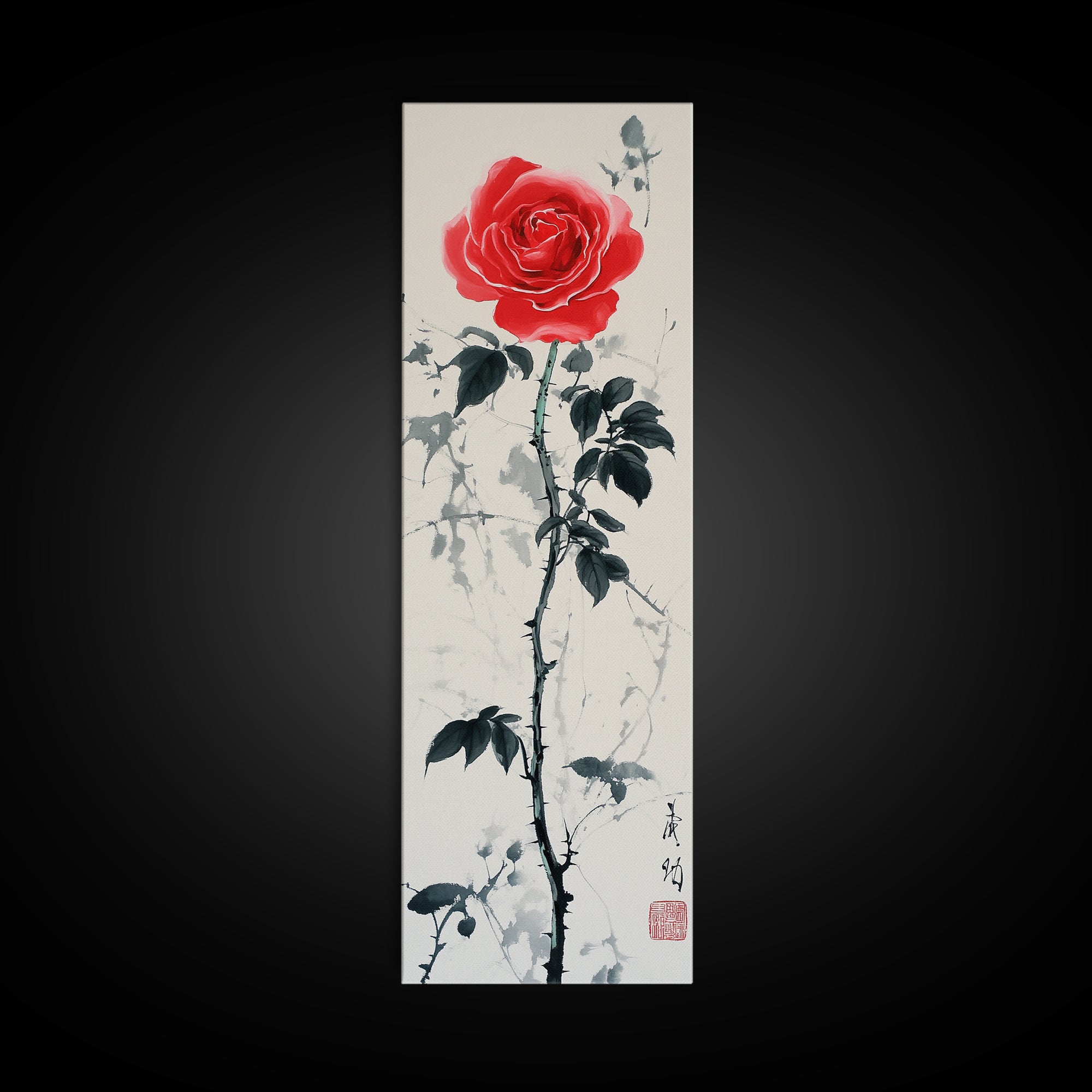 Canvas Print of Asian Style Red Rose, Art Nouveau Print, Botanical Art, Above Sofa Decor, Elegant Home Decor, Floral Wall Art