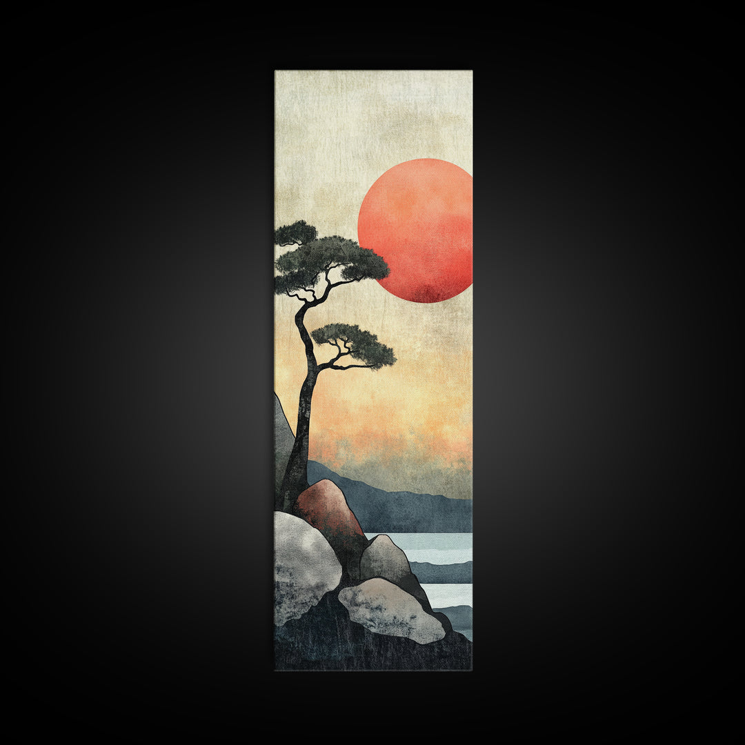 Japanese Landscape with Sunset Canvas Print, Red Sun Over Mountains, Minimalist Nature Art, Coastal Wall Art, Framed Canvas Print, Boho Decor