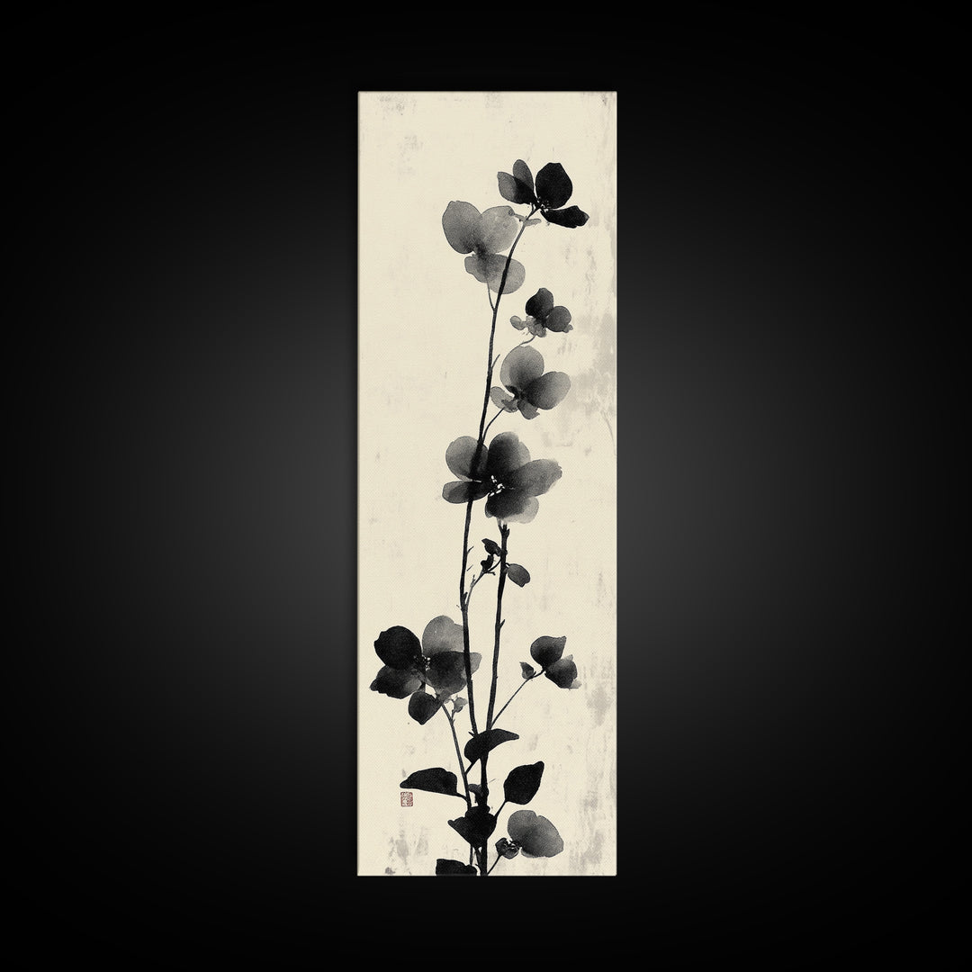 Framed Canvas Print Cherry Blossom Painting Black and White Floral Art, Wabi Sabi Decor, Japanese-Inspired Wall Art, Skinny Canvas Gift