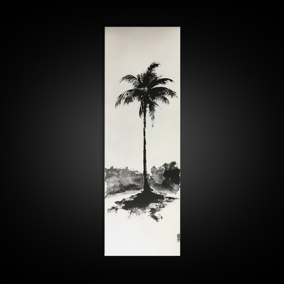 Canvas Print Black and White Palm Tree Painting Minimalist Tropical Wall Art, Wabi Sabi Art, Above Couch Decor, Tall Skinny Art Print