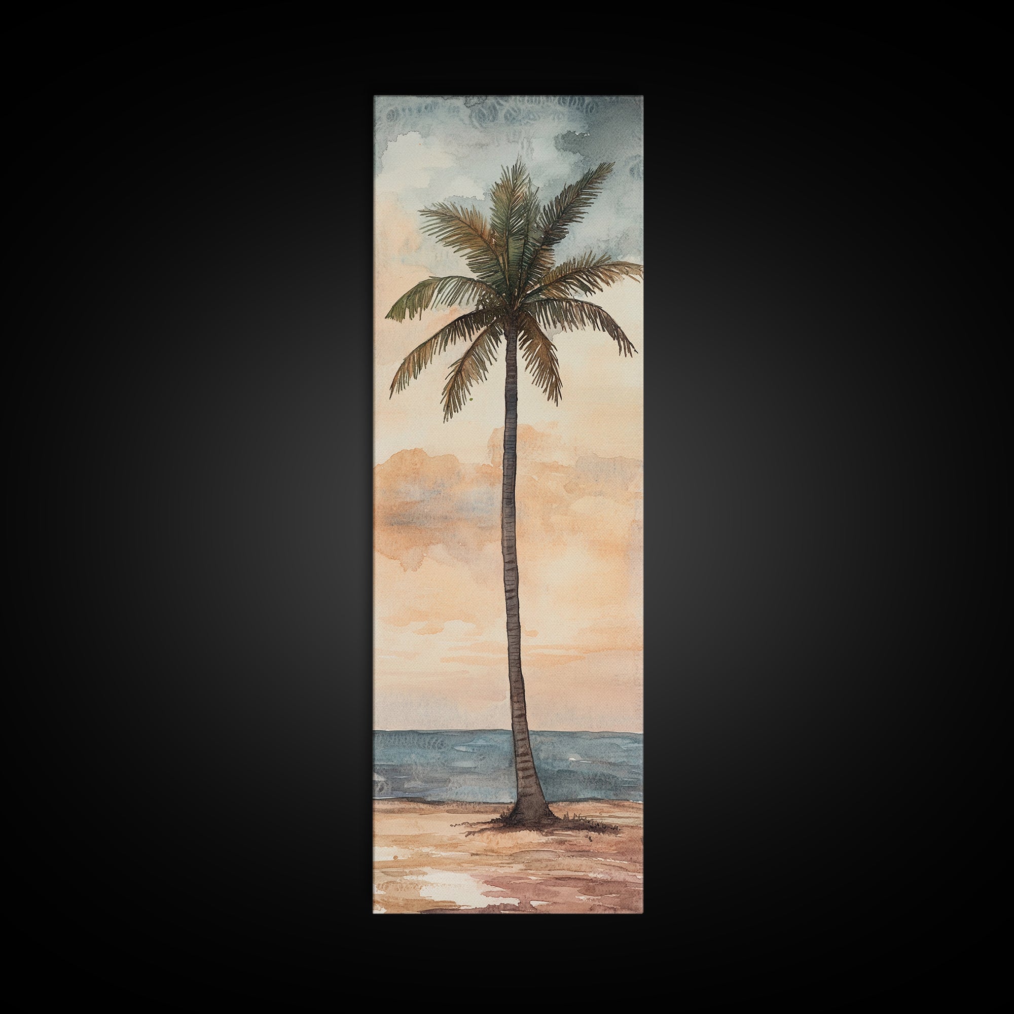 Framed Canvas Print Coastal Palm Tree Art, Sunset Beach Scene, Tropical Coastal Wall Art, Nautical Decor, Skinny Wall Art Gift Idea