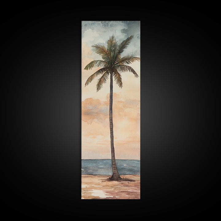 Framed Canvas Print Coastal Palm Tree Art, Sunset Beach Scene, Tropical Coastal Wall Art, Nautical Decor, Skinny Wall Art Gift Idea