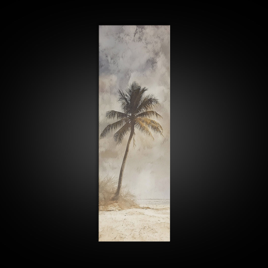 Framed Canvas Print Moody Palm Tree Painting, Coastal Landscape Art, Wabi Sabi Art, Above Sofa Wall Decor, Rustic Beach Scene Print