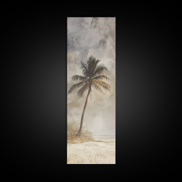 Framed Canvas Print Moody Palm Tree Painting, Coastal Landscape Art, Wabi Sabi Art, Above Sofa Wall Decor, Rustic Beach Scene Print