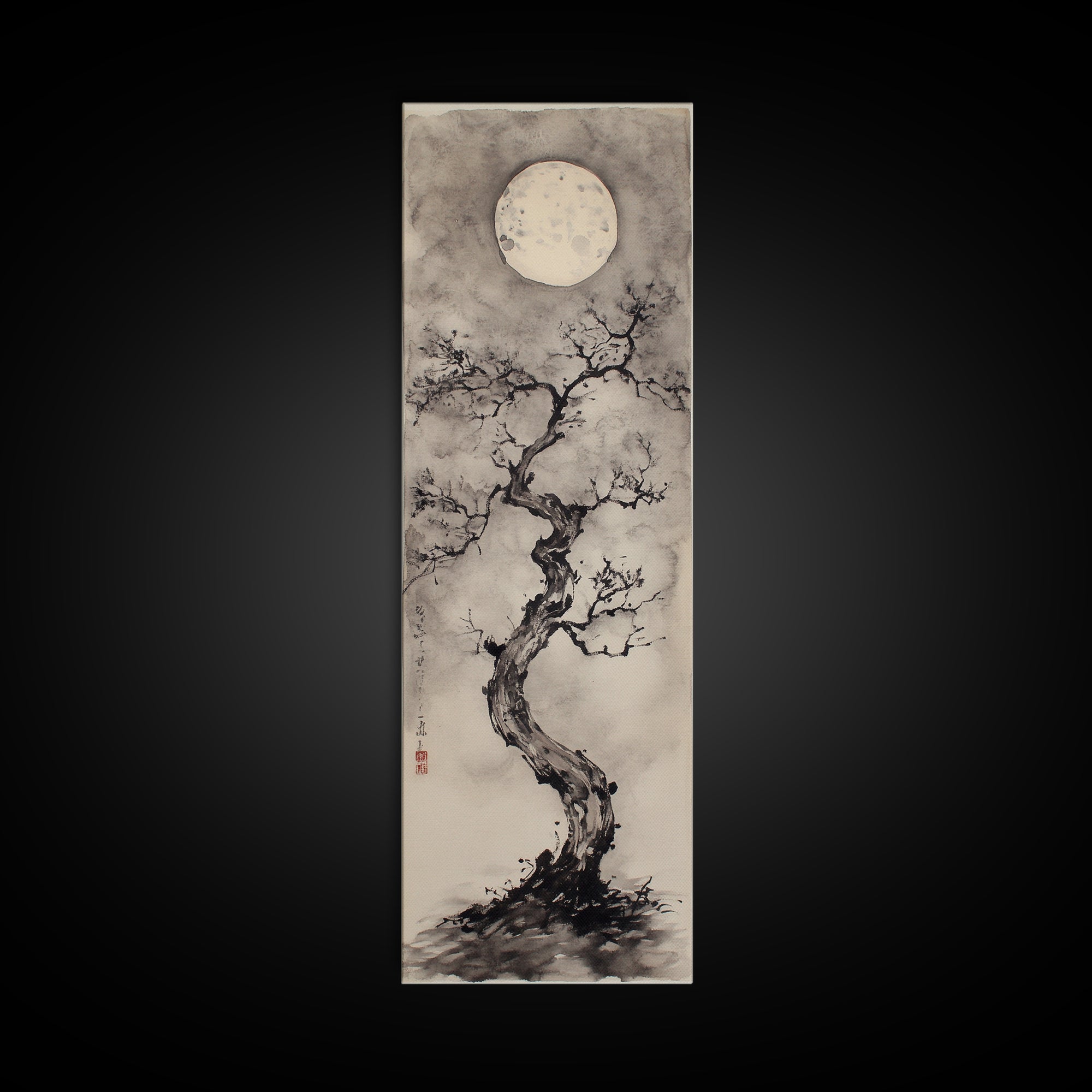Canvas Print Moon and Tree Painting, Mystical Wabi Sabi Wall Art, Japanese-Inspired Rustic Decor, Above Bed Wall Art Gift Him