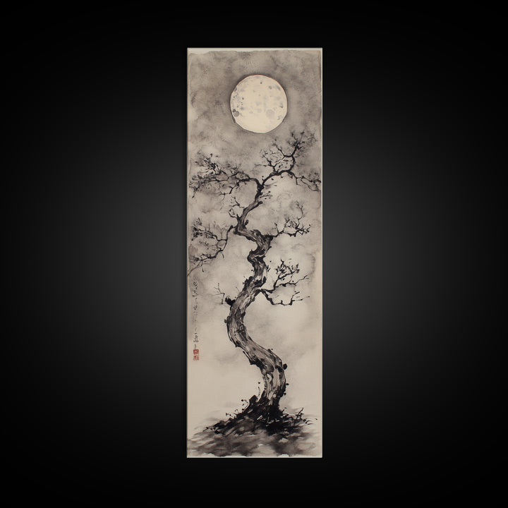 Canvas Print Moon and Tree Painting, Mystical Wabi Sabi Wall Art, Japanese-Inspired Rustic Decor, Above Bed Wall Art Gift Him