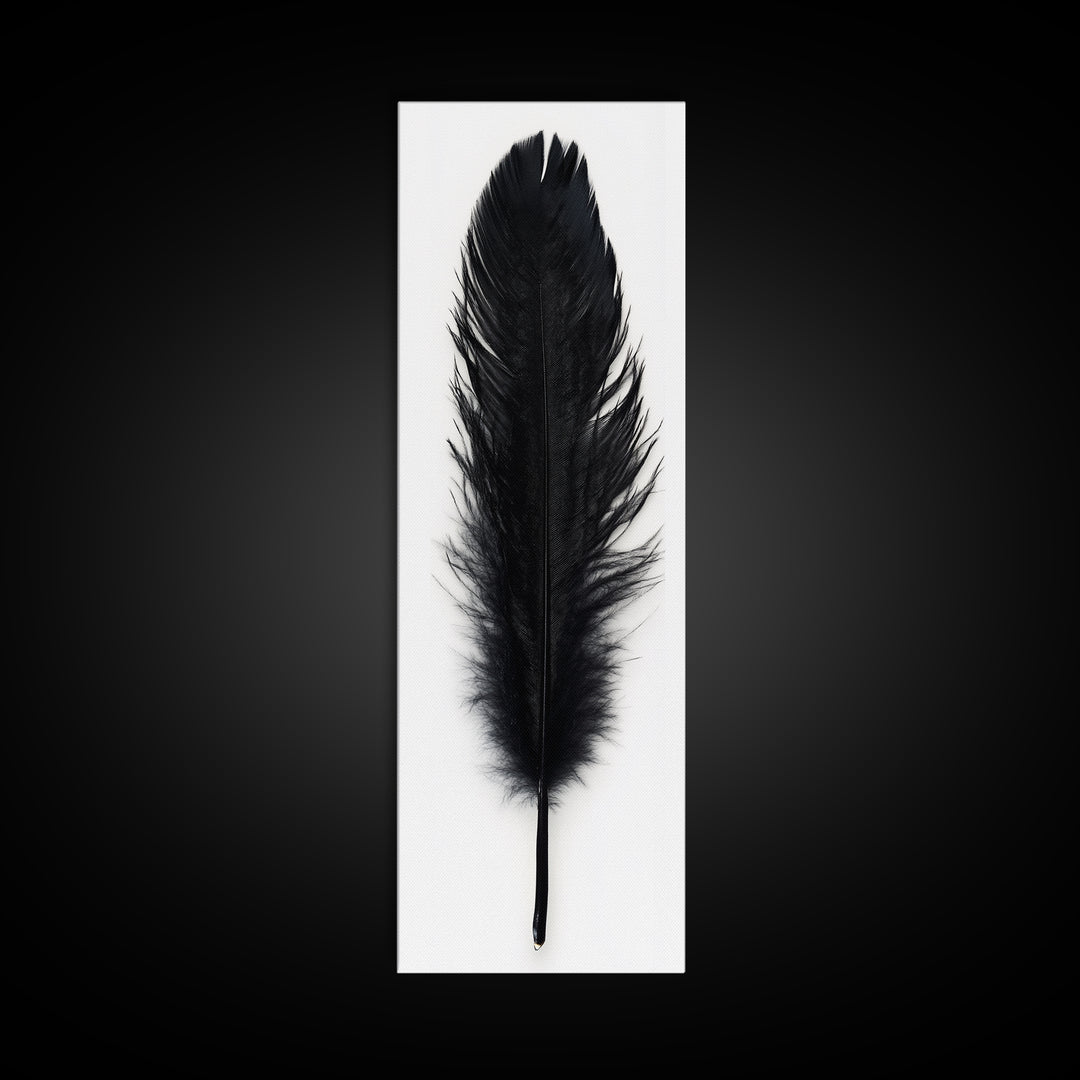 Black Feather Wall Art, Black Feather Painting Canvas Print, Boho Minimalist Home Decor, Feather Art, Tall Narrow Art, Skinny Art