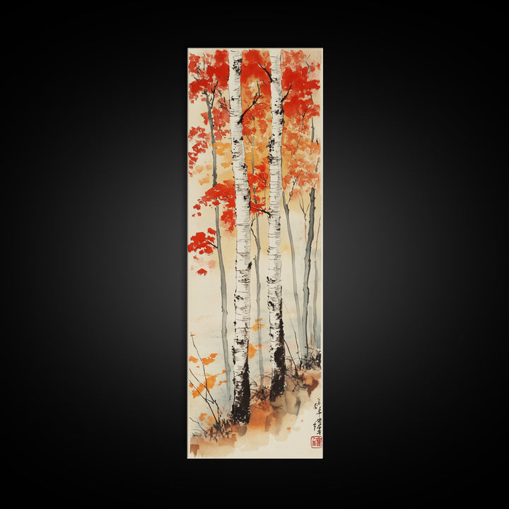 Canvas Print Japanese Birch Trees in Autumn, Traditional Wabi Sabi Art, Rustic Decor Above Bed Wall Art, Cozy Fall Living Room Decor