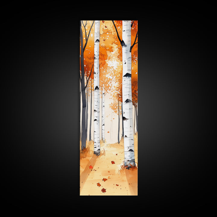 Autumn Birch Trees Framed Canvas Print – Rustic Decor, Tall Narrow Art, Cozy Fall Vibes, Birch Tree Art, Living Room Art, Above Bed Wall Art