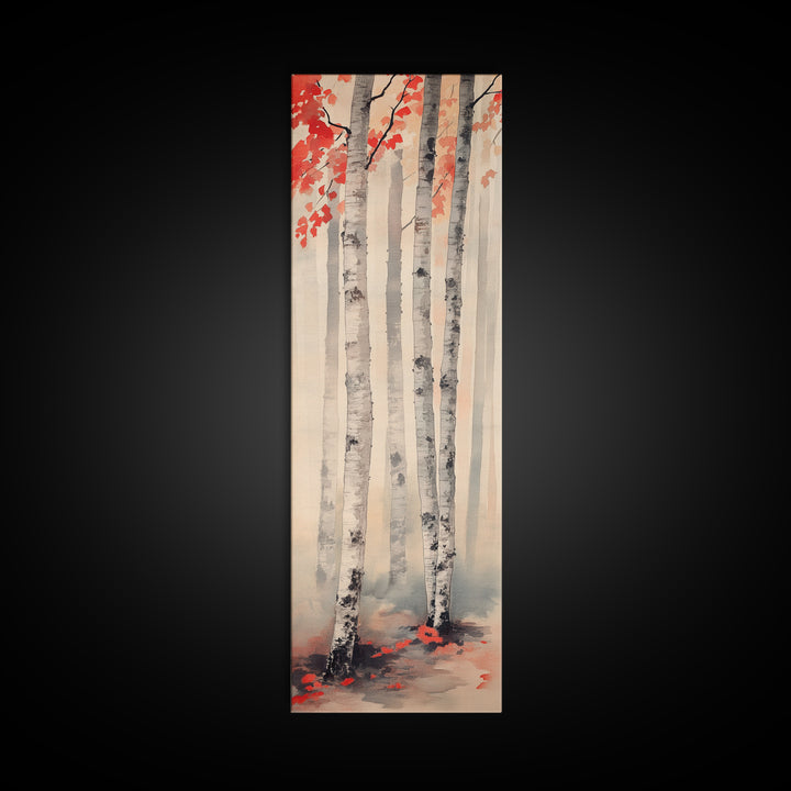 Birch Trees and Red Leaves Framed Canvas Print – Fall Vibes, Rustic Wall Art, Birch Tree Art, Cozy Autumn Theme, Living Room Art, Above Couch Decor