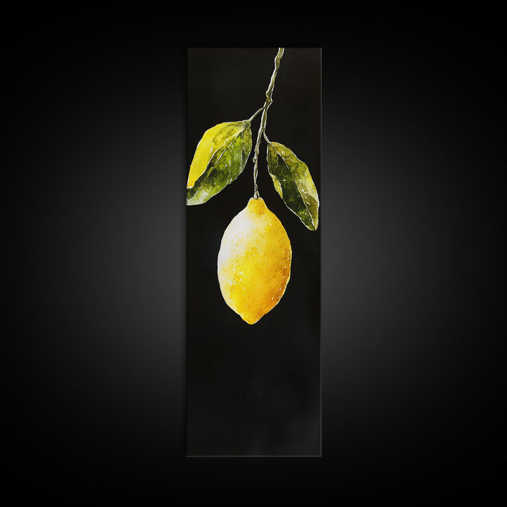 Minimalist Lemon Art Botanical Print on Black Canvas, Framed Option Available, Living Room Decor, Citrus Art, Modern Kitchen Wall Art