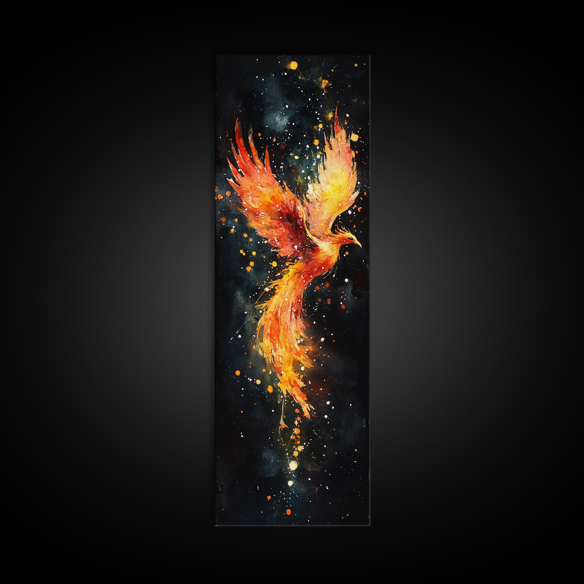 Radiant Phoenix in Flight Canvas Print, Framed Tall Wall Art, Unique Living Room Decor, Firebird Painting for Spiritual Art Lovers