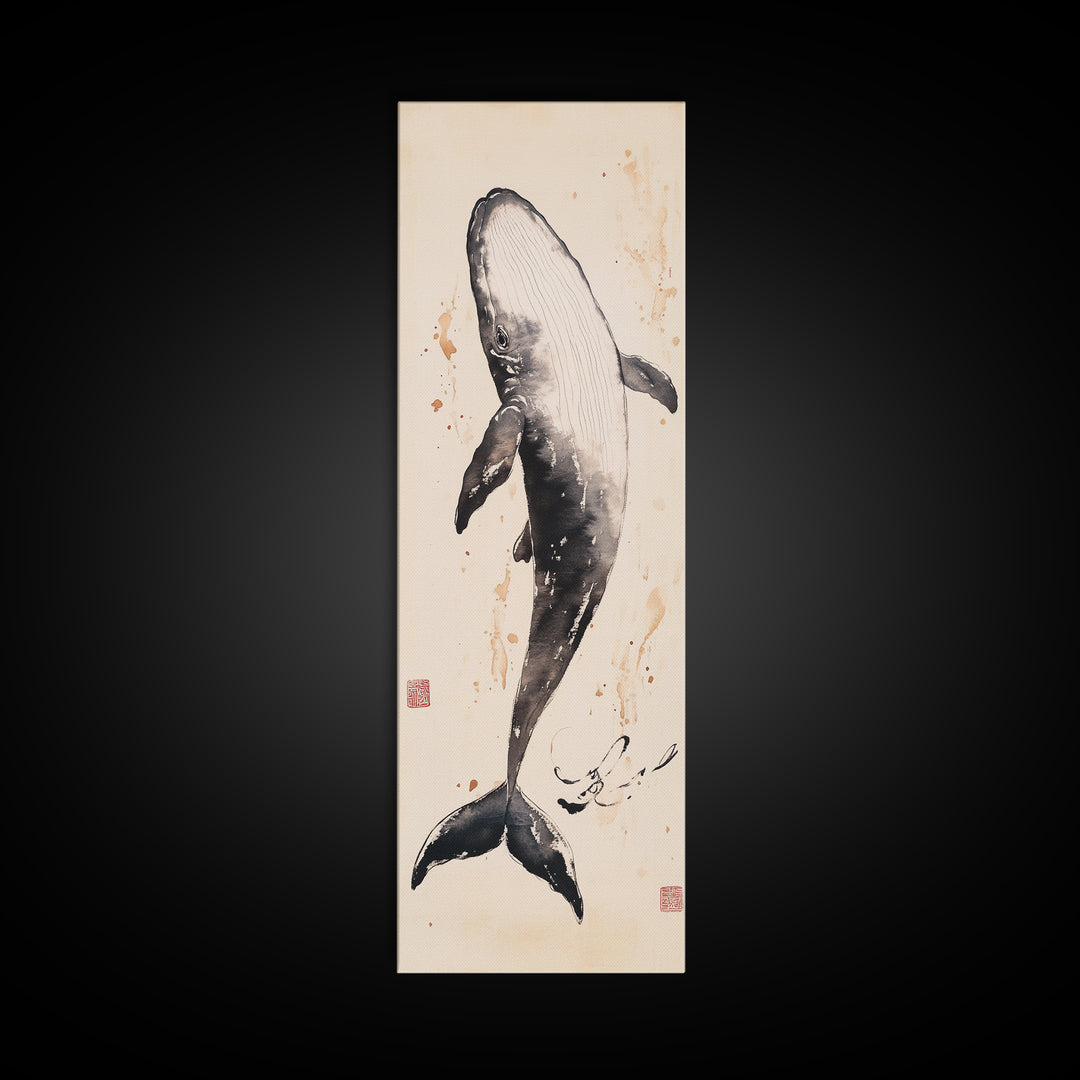 Minimalist Whale Ink Art Depicting Graceful Humpback Whale – Elegant Black and White Framed Canvas Print for Nautical or Coastal Decor