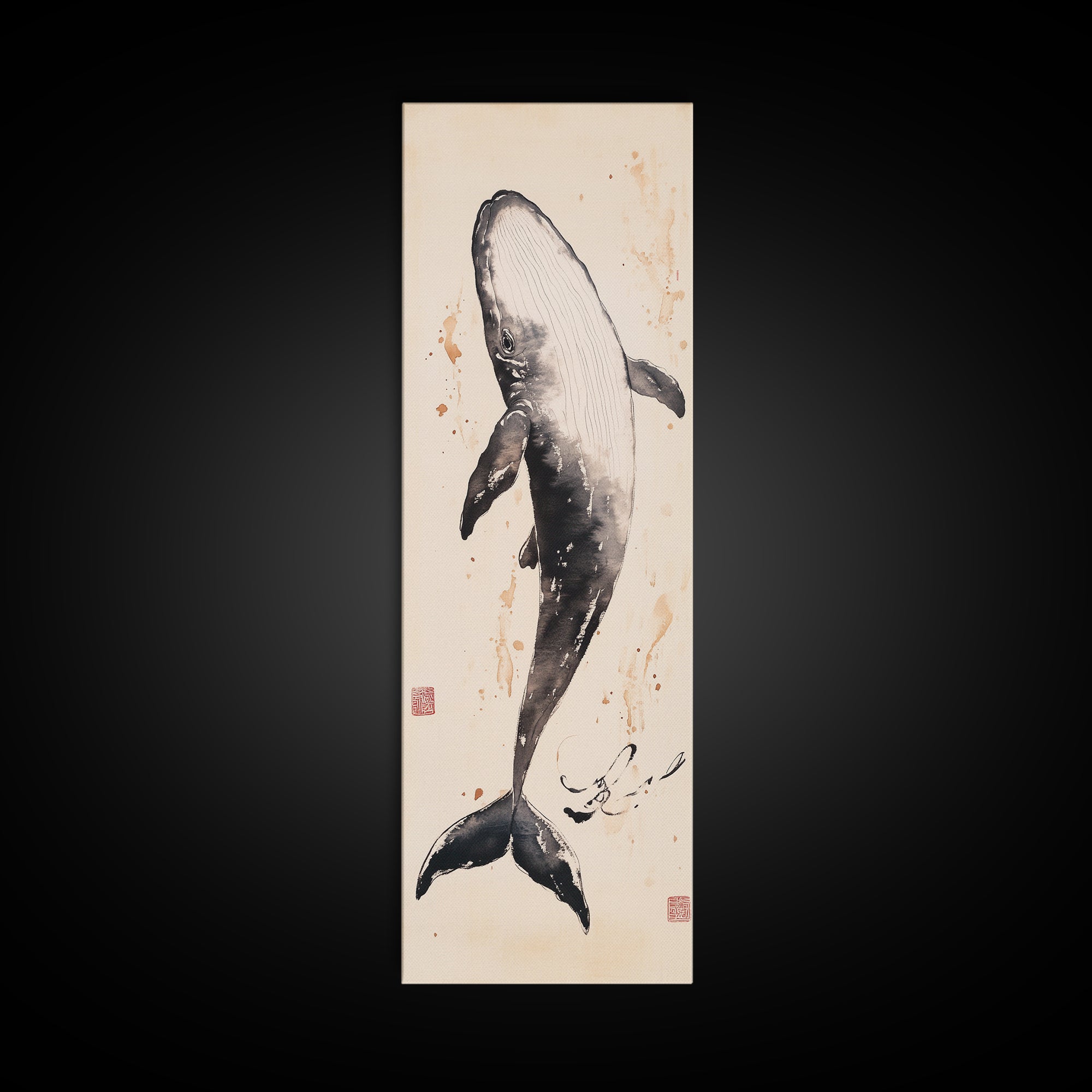 Minimalist Whale Ink Art Depicting Graceful Humpback Whale – Elegant Black and White Framed Canvas Print for Nautical or Coastal Decor