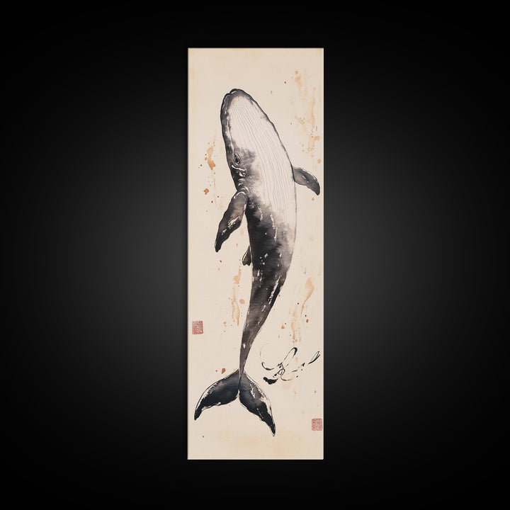 Minimalist Whale Ink Art Depicting Graceful Humpback Whale – Elegant Black and White Framed Canvas Print for Nautical or Coastal Decor