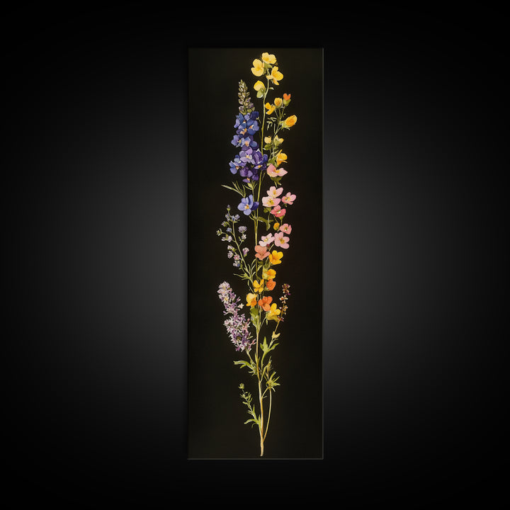 Elegant Wildflower Botanical Art - Framed Canvas Print Featuring Vertical Array of Vibrant Blooms on Dark Background