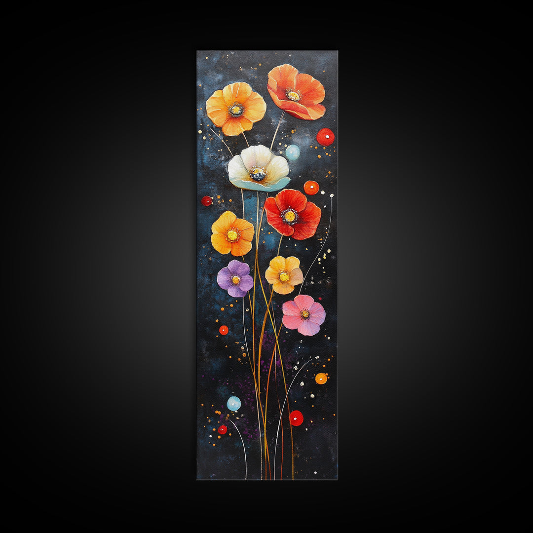 Abstract Poppy Garden Scene - Framed Canvas Print Showcasing Whimsical Florals on Dark Blue Background for Moody Decor