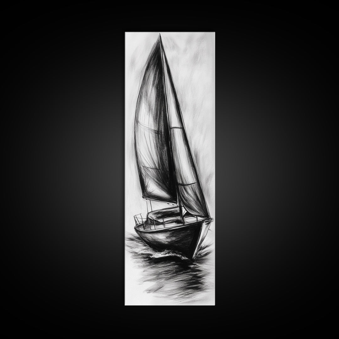Charcoal Sketch of a Sailboat, Framed Canvas Print, Nautical Decorl Nautical Wall Art, Sailboat Painting, Sail Boat Art, Tall Skinny Wall Art