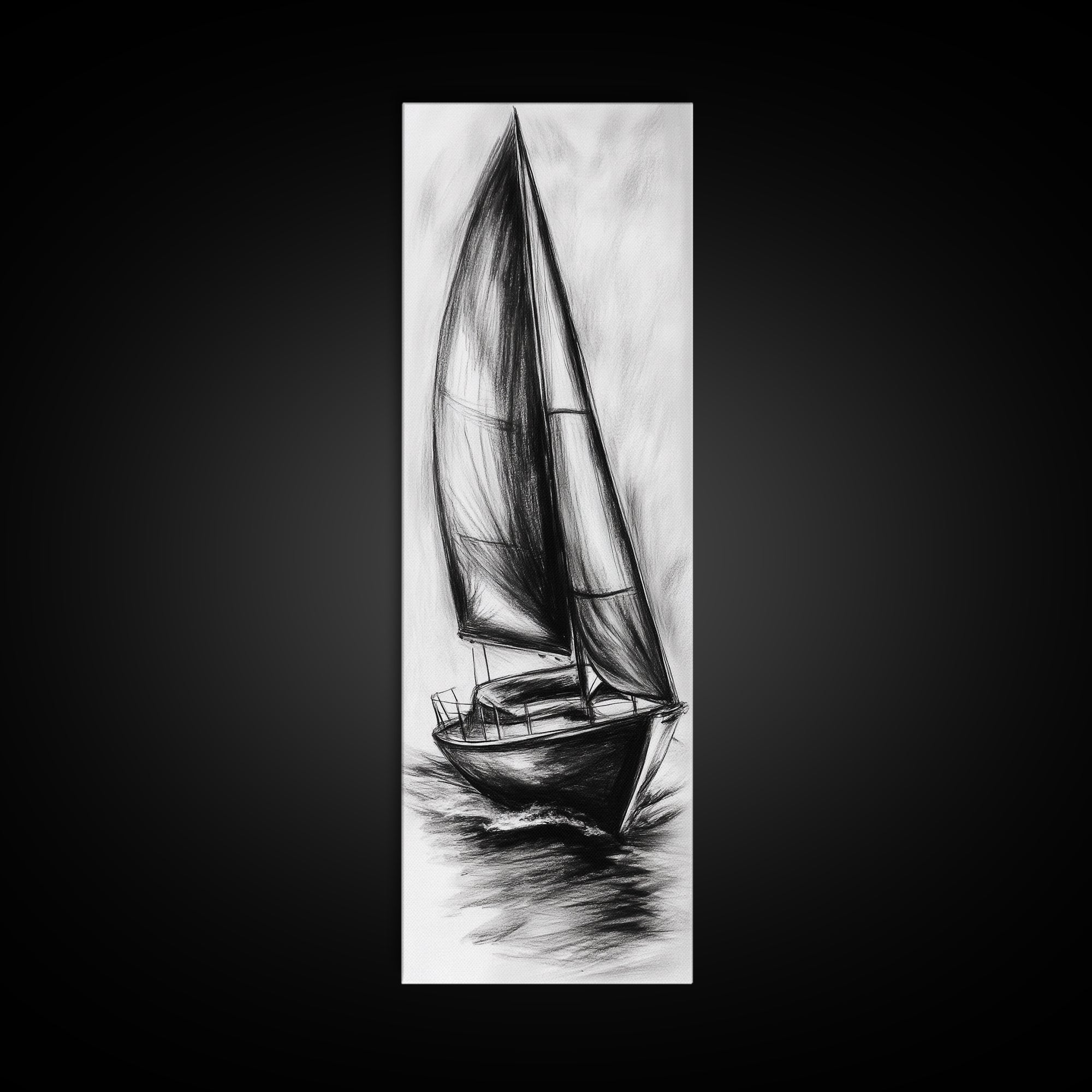 Charcoal Sketch of a Sailboat, Framed Canvas Print, Nautical Decorl Nautical Wall Art, Sailboat Painting, Sail Boat Art, Tall Skinny Wall Art