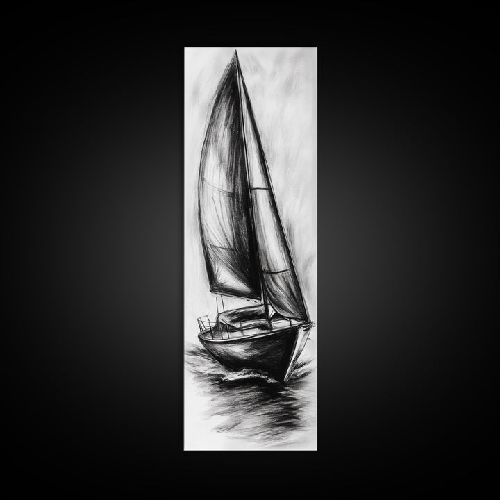 Charcoal Sketch of a Sailboat, Framed Canvas Print, Nautical Decorl Nautical Wall Art, Sailboat Painting, Sail Boat Art, Tall Skinny Wall Art