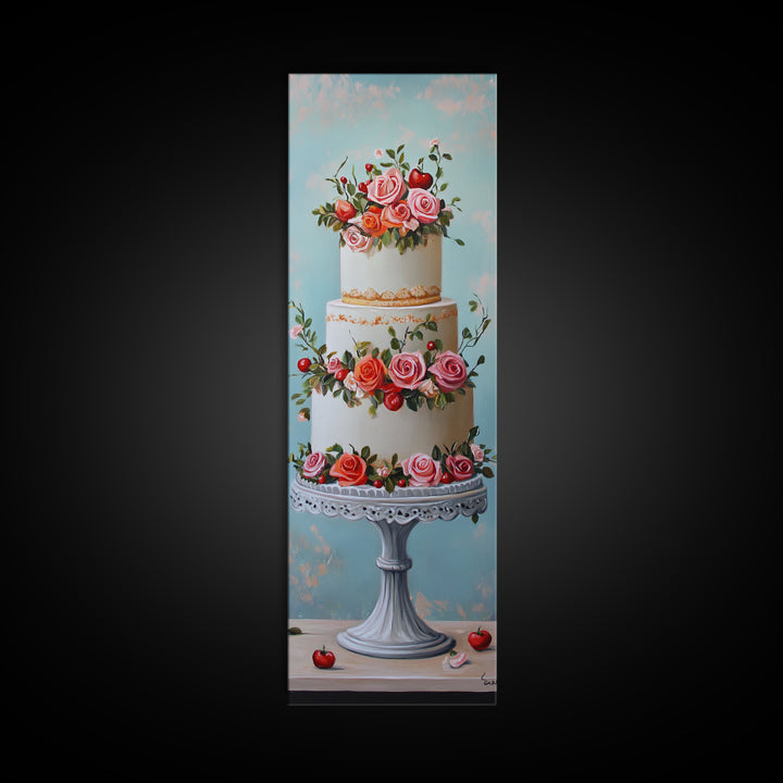 Wedding Decor Painting Print of a Wedding Cake - Framed Canvas Print - Wedding Decorations - Wedding Art - Tall Skinny Wall Art - Narrow Art