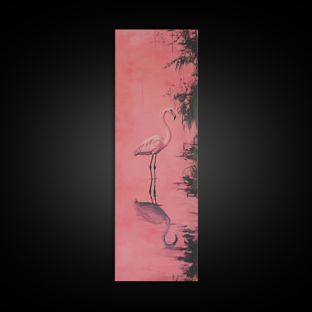 Reflections of a Pink Flamingo, Framed Canvas Print, Vaporwave Wall Art, Coastal Decor, Living Room Accent Piece, Pink Flamingo Art