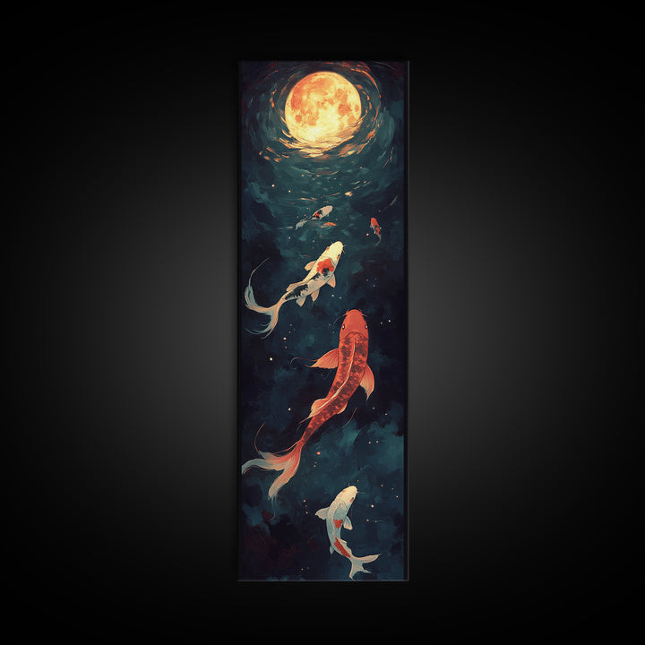 Koi Fish Under a Full Moon, Framed Canvas Print, Wabi Sabi Home Decor, Funky Boho Wall Art, Tall Skinny Art, Narrow Tall Wall Art