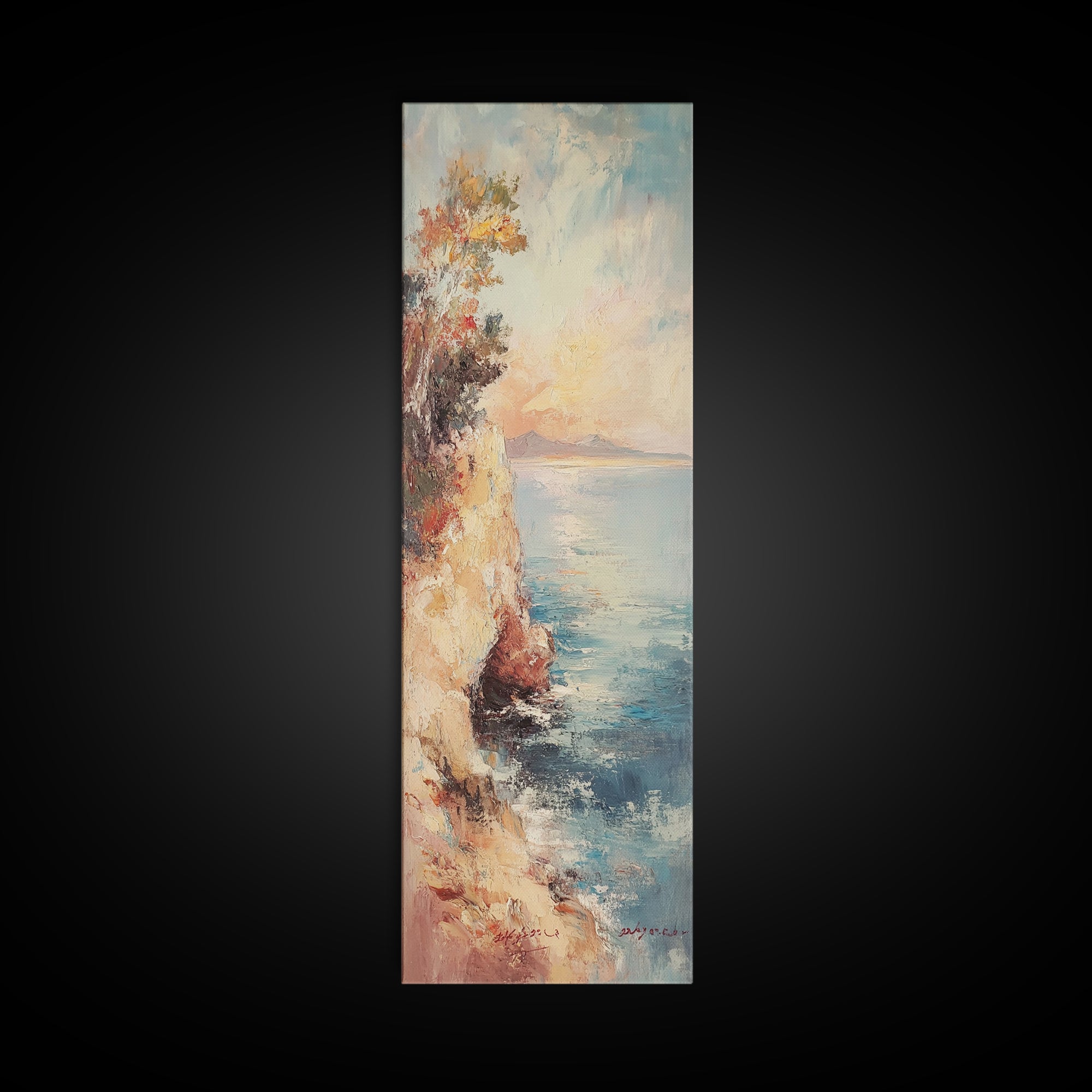 Nautical Landscape Painting Print, Framed Canvas, Beautiful Sunset Over The Coast, Coastal Decor, Tall Narrow Art, Skinny Wall Art