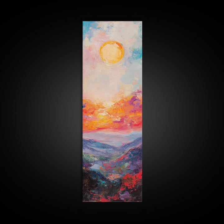Abstract Oil Painting Print of a Sunset Over The mountains - framed canvas - ready to hang - tall narrow wall art - skinny accent piece wall art
