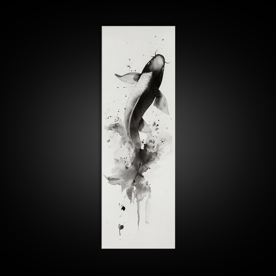 Tall Skinny Koi Fish Painting Print, Black and White Wabi Sabi Wall Art, Koi Fish Wall Decor, Japanese Style Elegant Artwork, Narrow Wall Art