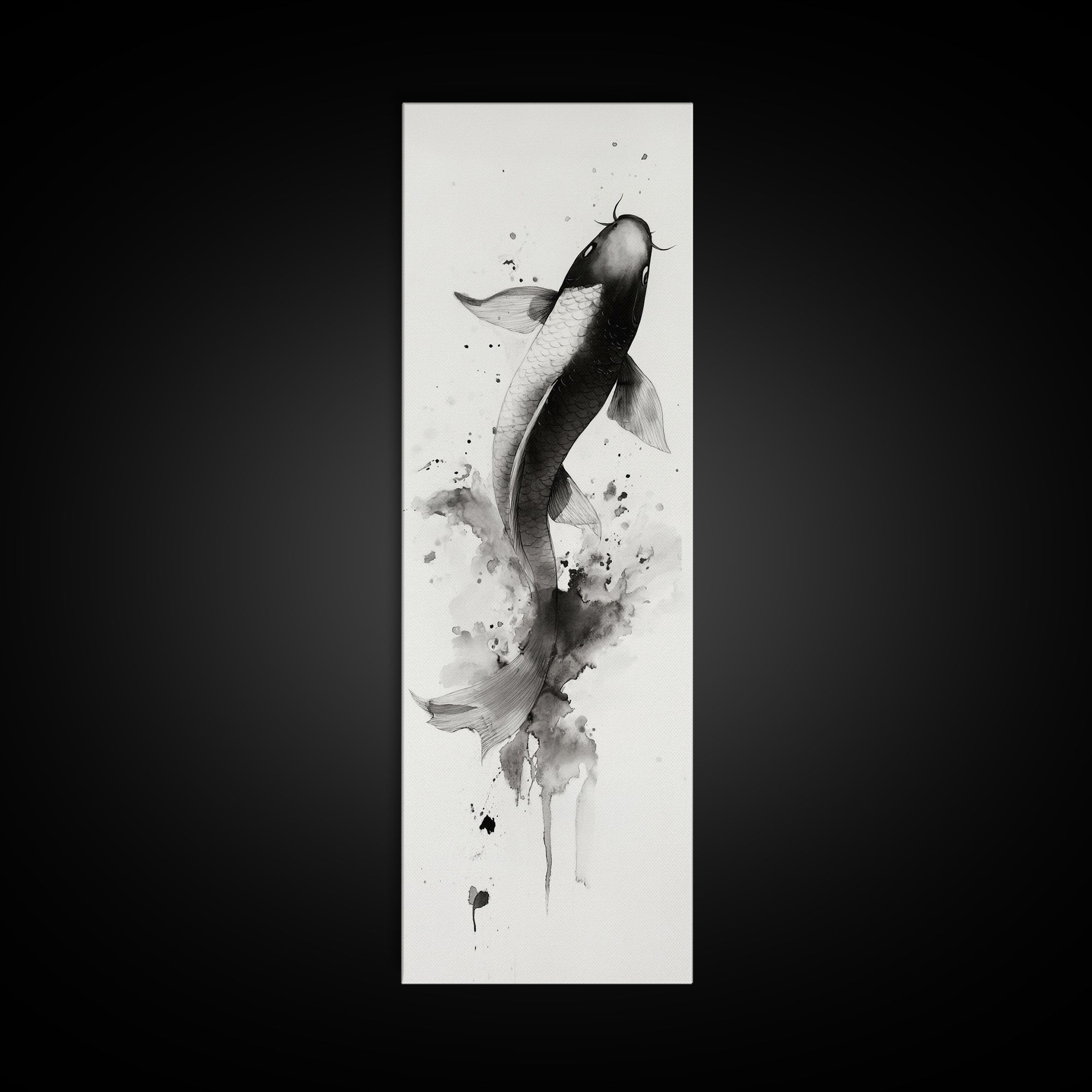 Tall Skinny Koi Fish Painting Print, Black and White Wabi Sabi Wall Art, Koi Fish Wall Decor, Japanese Style Elegant Artwork, Narrow Wall Art