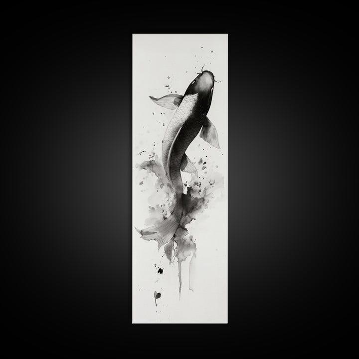 Tall Skinny Koi Fish Painting Print, Black and White Wabi Sabi Wall Art, Koi Fish Wall Decor, Japanese Style Elegant Artwork, Narrow Wall Art