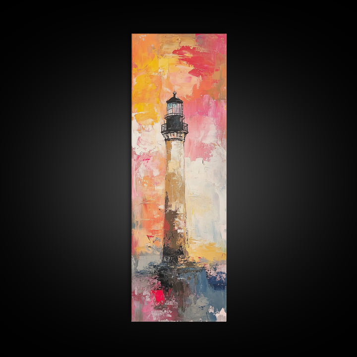 Canvas Print of Vibrant Lighthouse Painting with Nautical Decor, Coastal Wall Art, Bright Sunset, Above Couch Art, Tall Skinny Art, Seascape Painting, Gift Idea