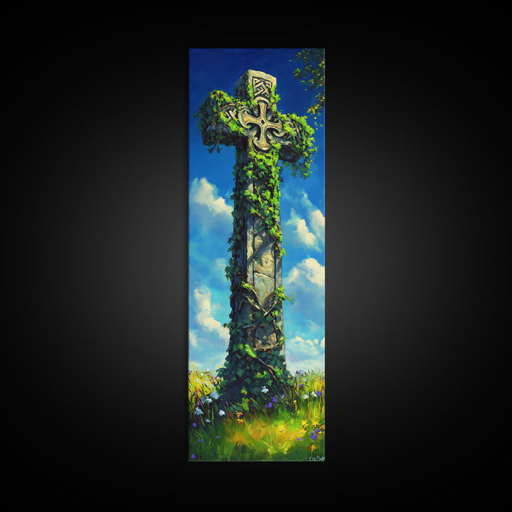 Oil Painting Print of a Celtic Cross, Irish Wall Art, Tall Narrow Art, Skinny Art, Wall Art For Small Spaces, Small Art, Ireland Art, Celtic Cross Art