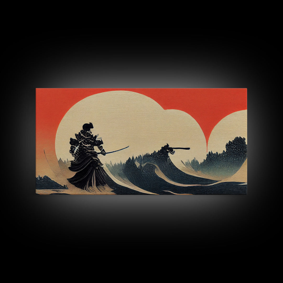 Japanese Samurai Fighting A Tidal Wave, ready to hang canvas print wall art, framed canvas wall art, mancave decor