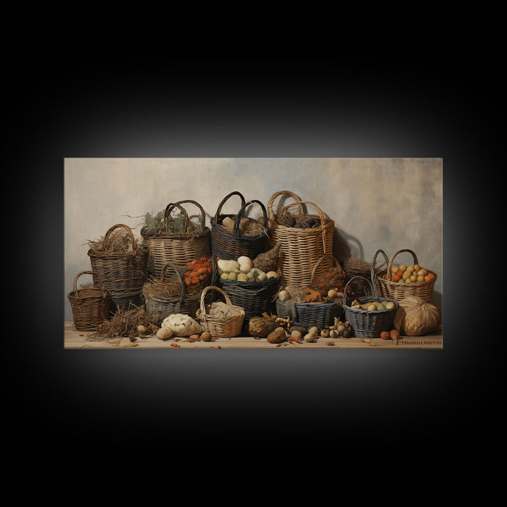 Cornucopia Wall Art, Basket Wall Decor Framed Canvas Print, Boho Wall Art, Wicker Round Bowl Art, Wicker Wall Art Print, Fall Decor
