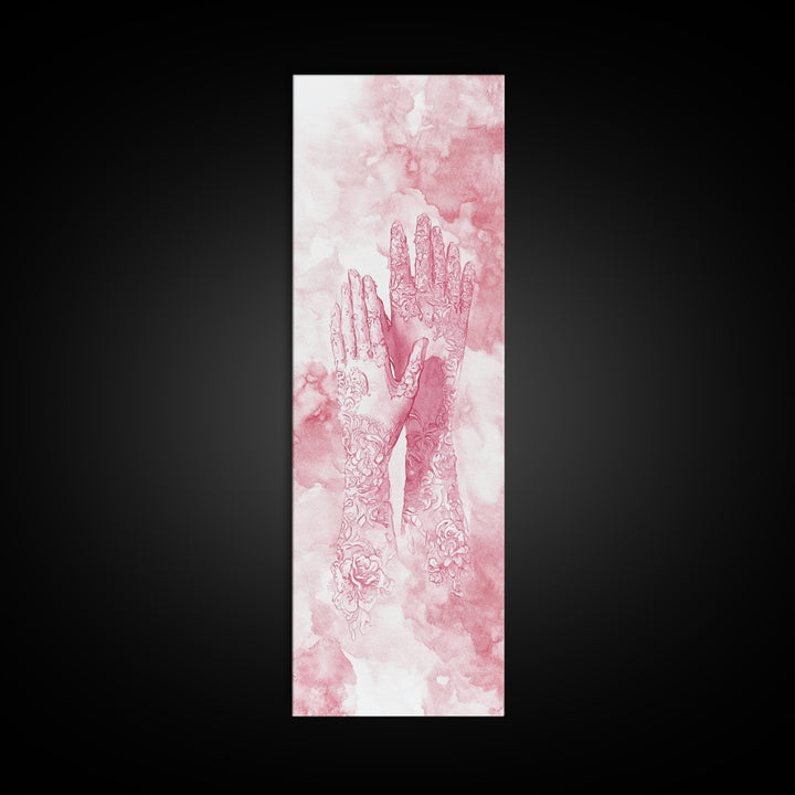 Elegant Mehndi Hand Art Framed Canvas Print - Light Pink Wall Art, Botanical Prints, Whimsical Art, Yoga Art, Gift Idea Her, Bedroom Decor
